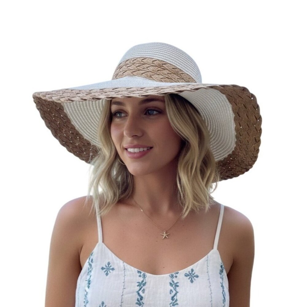 Jacobson Wide Brim Toyo Swinger Floppy Hat OS Two Tone White Woven Beach Resort